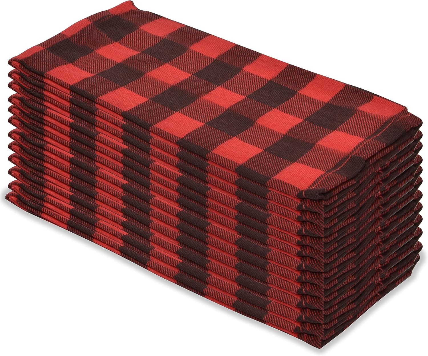 PERLLI Kitchen Cloth Napkins - Buffalo Plaid Red & Black | 12 Pack, 18x18 Inches, 100% Cotton, Washable & Reusable for Holiday Table Decor