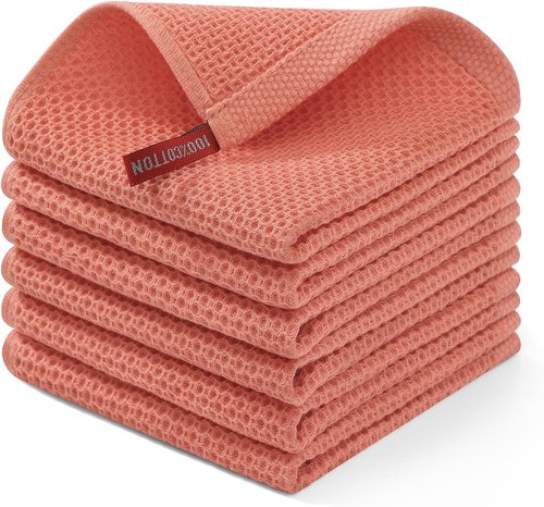 Homaxy Kitchen Dish Cloths - 100% Cotton Waffle Weave, Ultra Soft & Absorbent | 12 x 12 Inches, 6-Pack, Coral