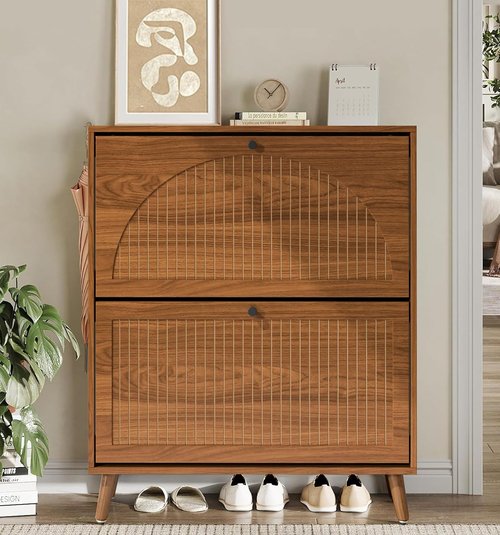 Fsbecl Shoe Storage Cabinet - Narrow Wood Organizer with 2 Flip Drawers | Fluted Panel Design in Walnut