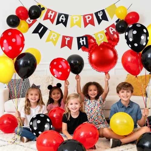 Black Red Yellow Balloon 64Pcs 12 Inch，Cute Print Balloons for Cartoon Themed Birthday Party Decorations Boys Girls Gatherings Party Supplies