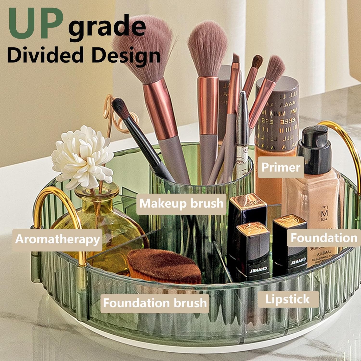 Asayuee 360° Rotating Makeup Organizer - 2-Tier Large Capacity for Skincare & Perfume | Green