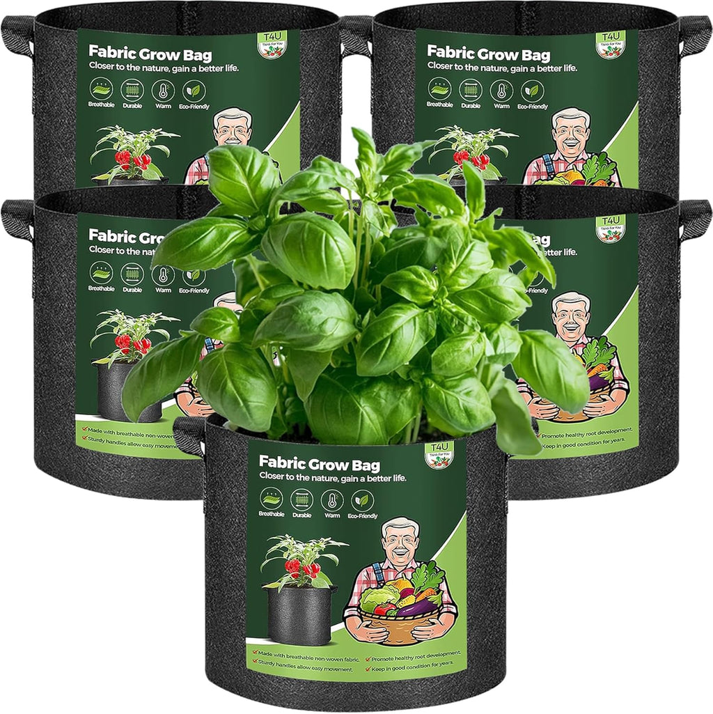 T4U 1 Gallon Grow Bags - Heavy Duty Nonwoven Fabric Pots with Handles | Perfect for Herbs & Plants (5 Pack)