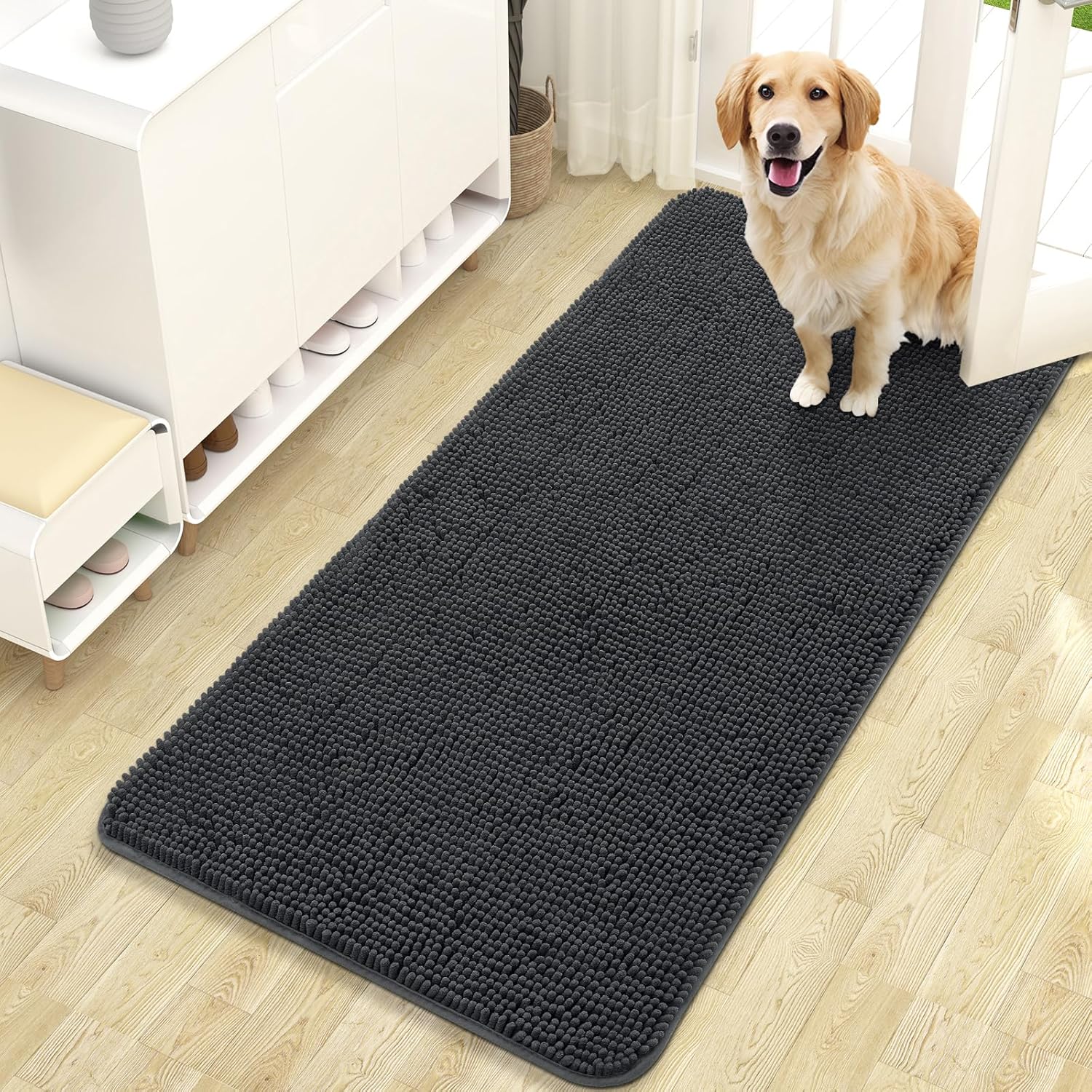 OLANLY Dog Door Mat - Absorbent Non-Slip Chenille Mat for Muddy Paws | 47x24 Inches, Dark Grey