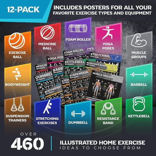 Laminated Large Workout Poster Set by [Brand Name] - Essential Exercise Charts for Home Gym | 12-Pack Fitness Posters