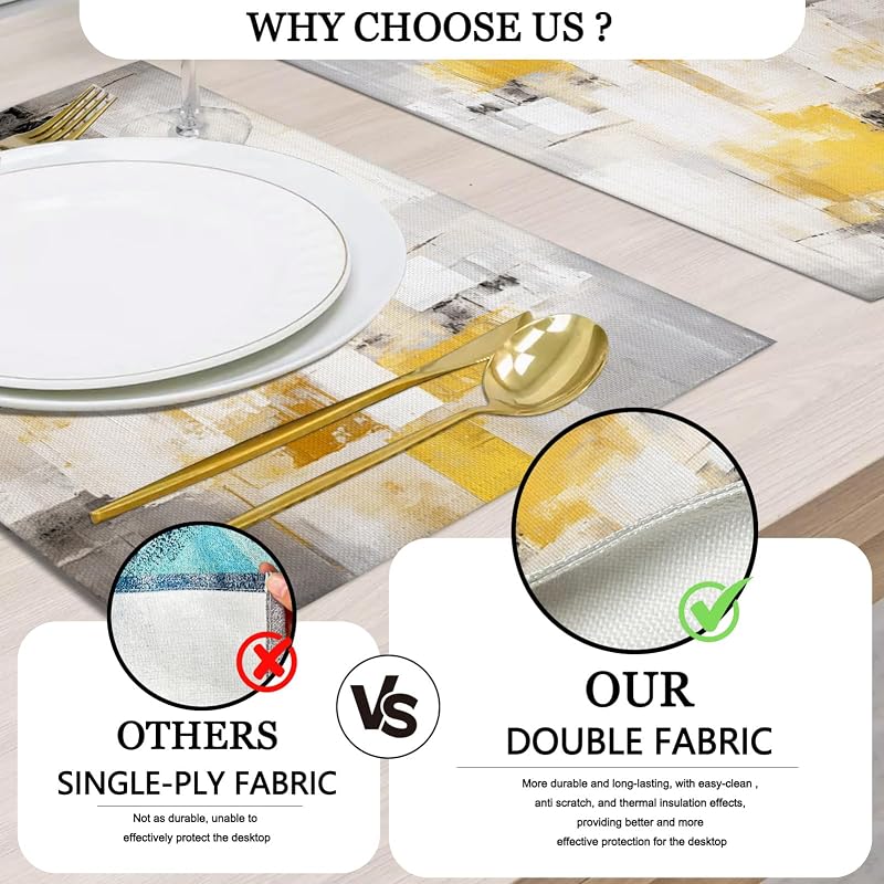 Table Runner & 6 Placemats Set - Yellow 70"X13" Runner + 18"X12" Placemats, Abstract Grey Linen