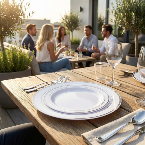 Supernal 400pcs Silver Plastic Dinnerware Set Heavy Duty Disposable Plates Include Silver Plastic Dessert Plates,50 Spoons & Knives & Cups & Napkins & 100 Forks,Prfect For Party and Wedding