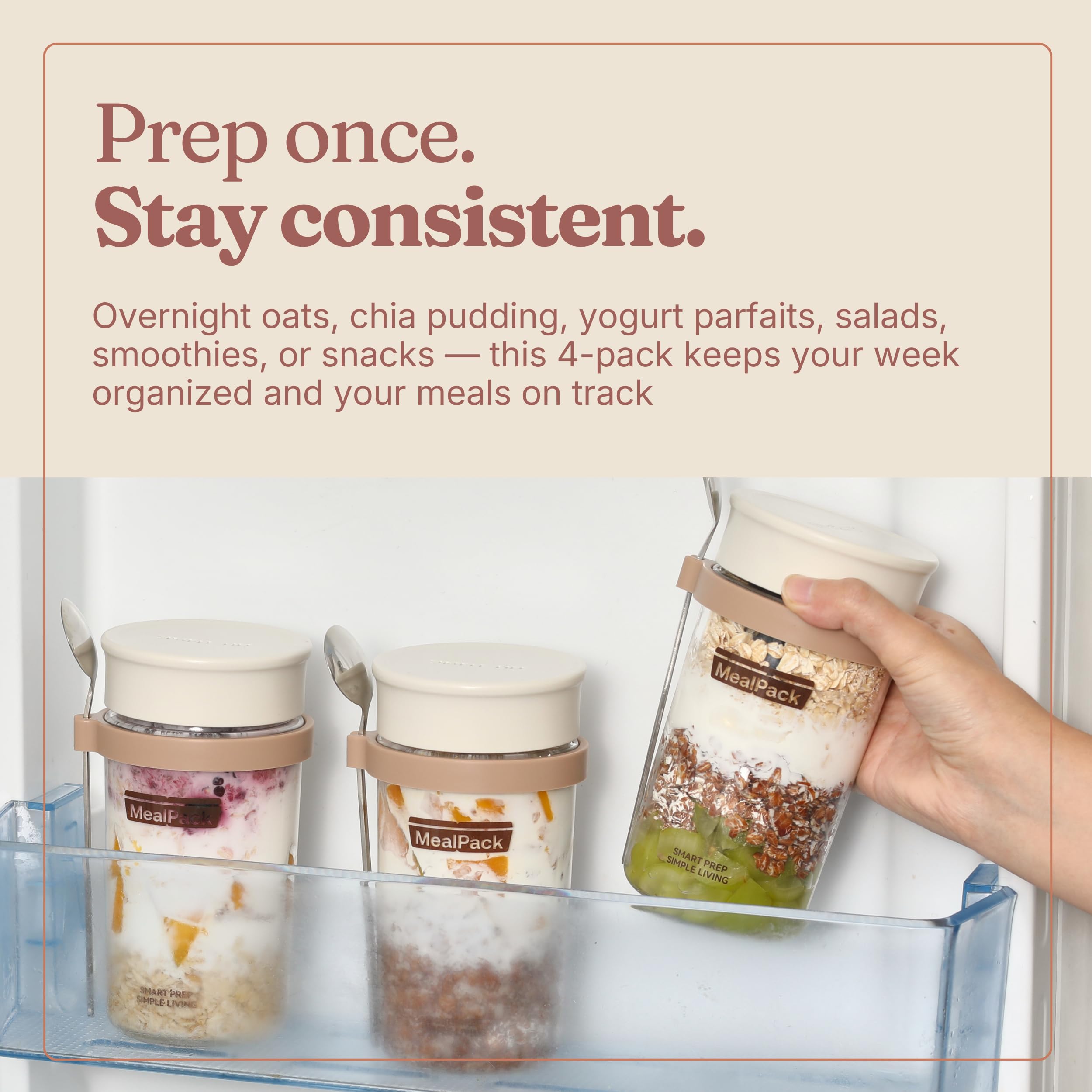 Overnight Oats Containers with Lids and Spoons (4 Pack) – 12oz Glass Jars for Yogurt Meal Prep, Chia Pudding & Snacks – Leakproof Airtight Mason Jar Set – Portable Food Storage with Cleaning Brush
