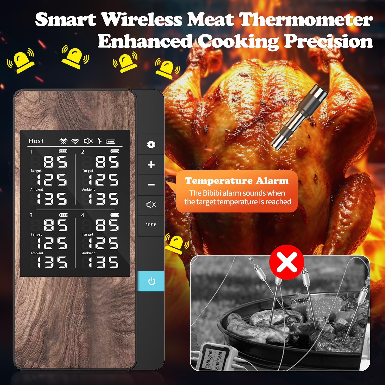 PRAVETTE Wireless Meat Thermometer-Multi Sensors Digital Food Thermometer with Ultra-Thin Probes, Accuracy Smart Bluetooth Meat Thermometer for Steak, BBQ, Oven, Grill, Smoker (4 Probes)