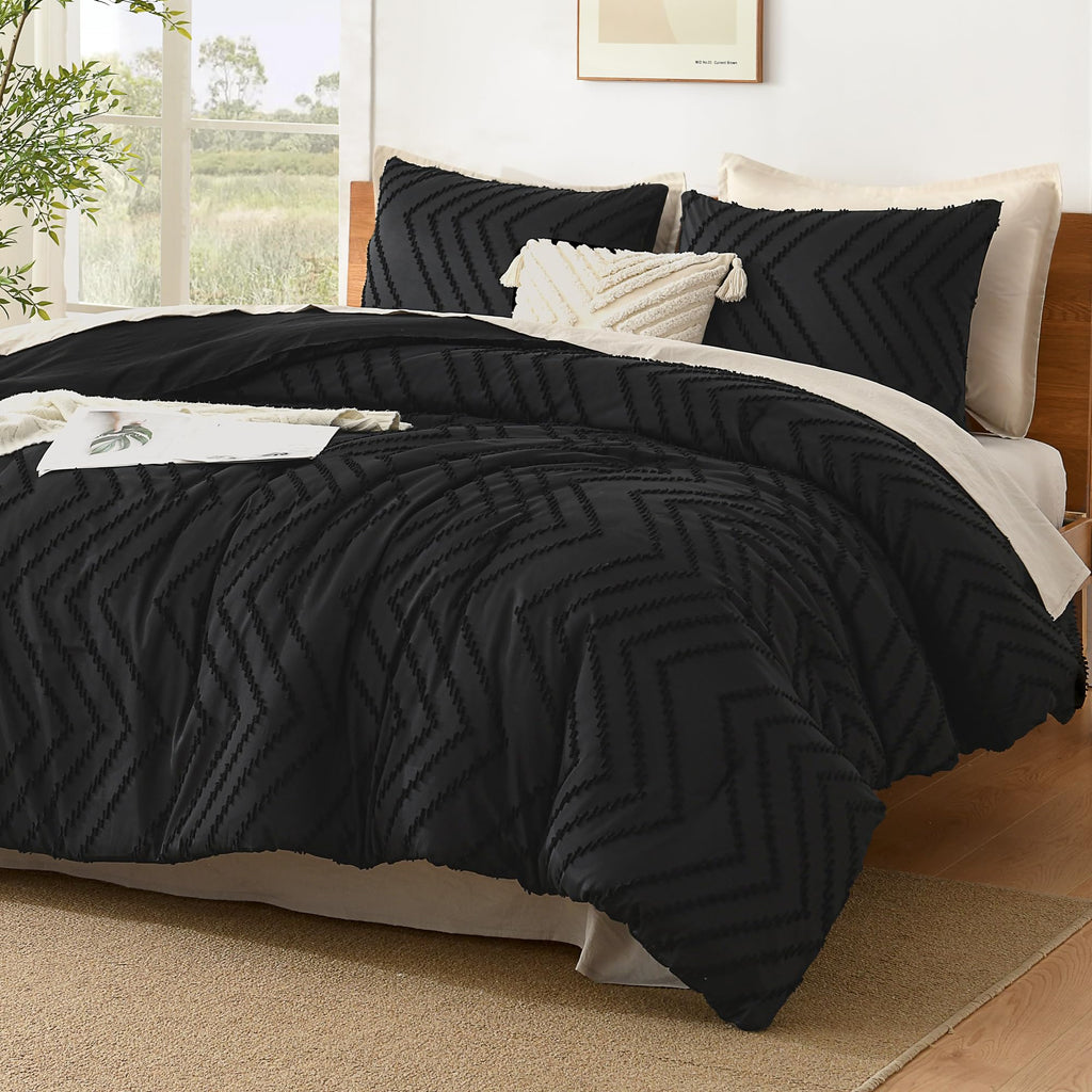 Litanika Oversized King Comforter Set 120x98, 3 Pieces Boho Chevron Tufted Bedding Comforter Sets, Fluffy Bed Set Black