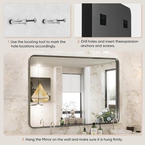 DUMOS Black Metal Framed Vanity Mirror - 36x24 Inch Rounded Rectangle Design for Modern Bathrooms | Versatile Hanging Options
