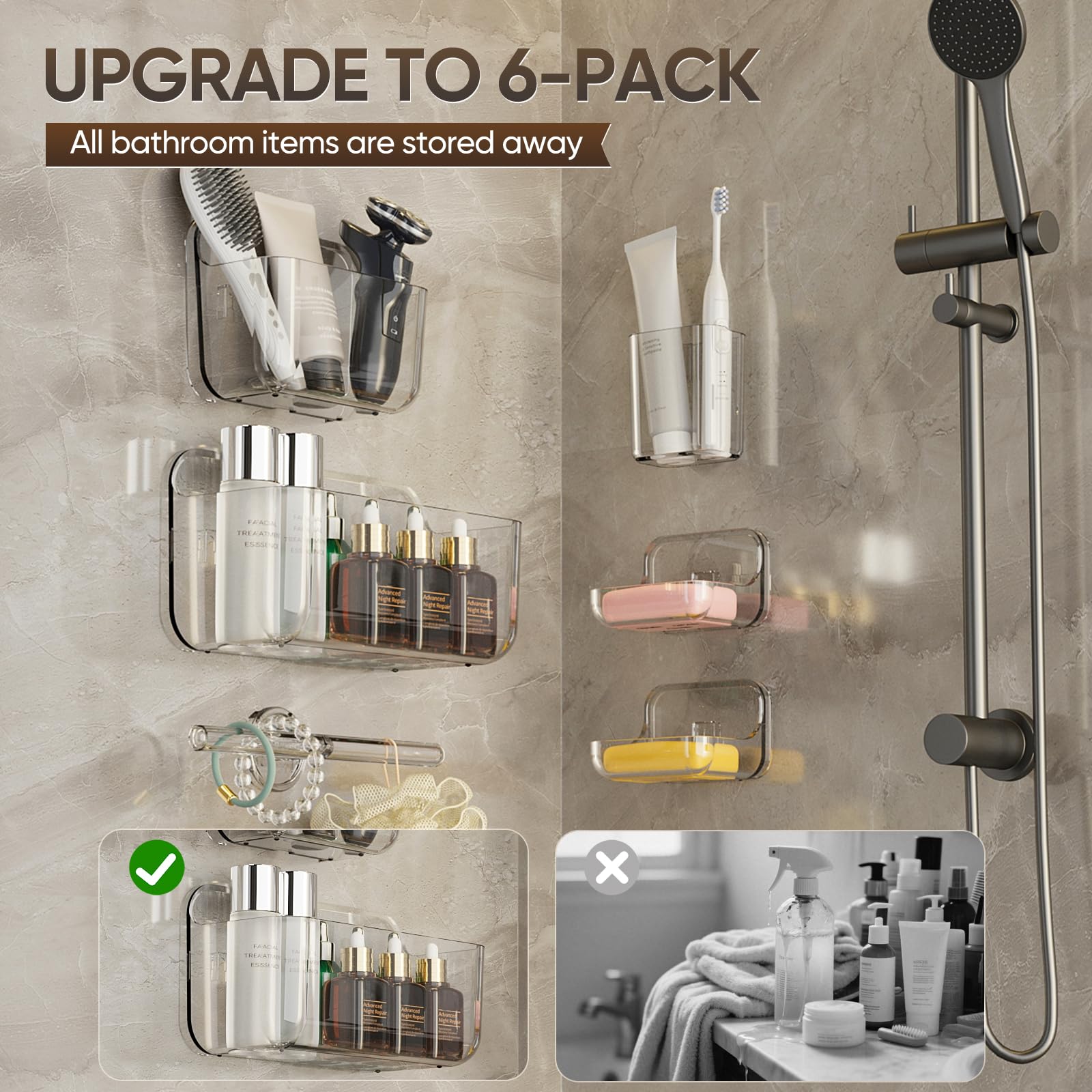 Plaitaoai Acrylic Shower Caddy,6 Pack Acrylic Rustproof Shower Organizer with Large Capacity,No Drilling Shelves for Bathroom Storage & Home Decor (Clear)