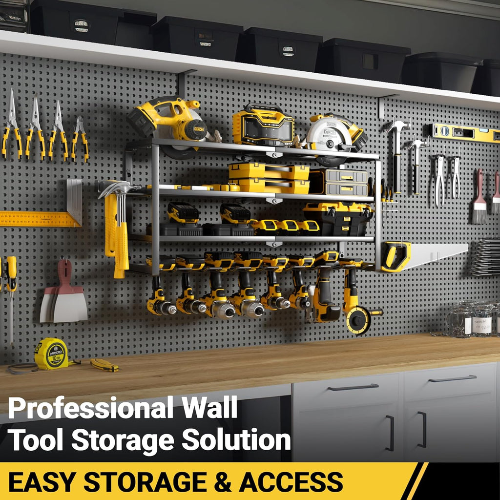 YYR Power Tool Organizer - 4 Layer Wall Mount Storage Rack with Charging Station | 32 Inch, 8 Slots for Garage & Workshop