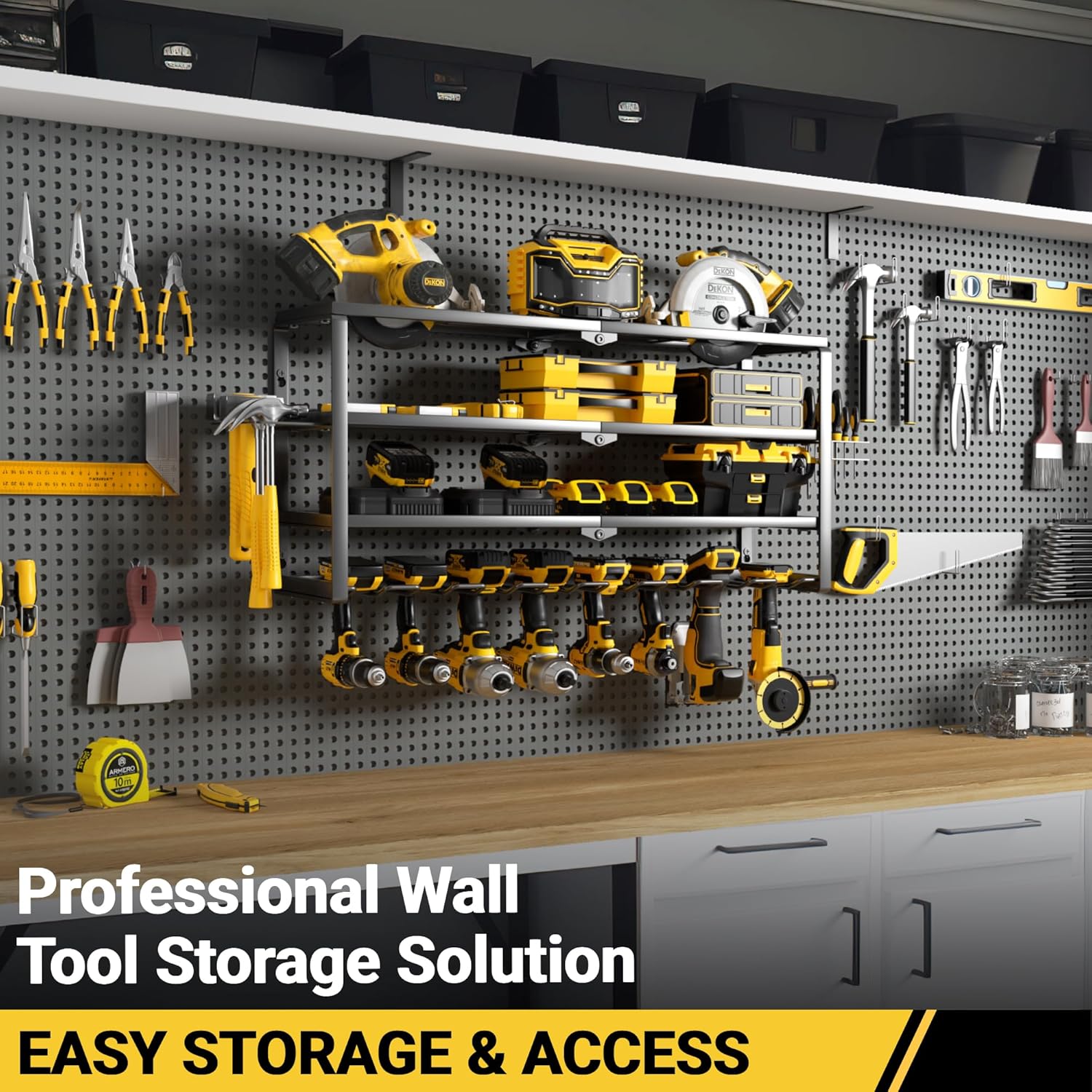 YYR Power Tool Organizer - 4 Layer Wall Mount Storage Rack with Charging Station | 32 Inch, 8 Slots for Garage & Workshop