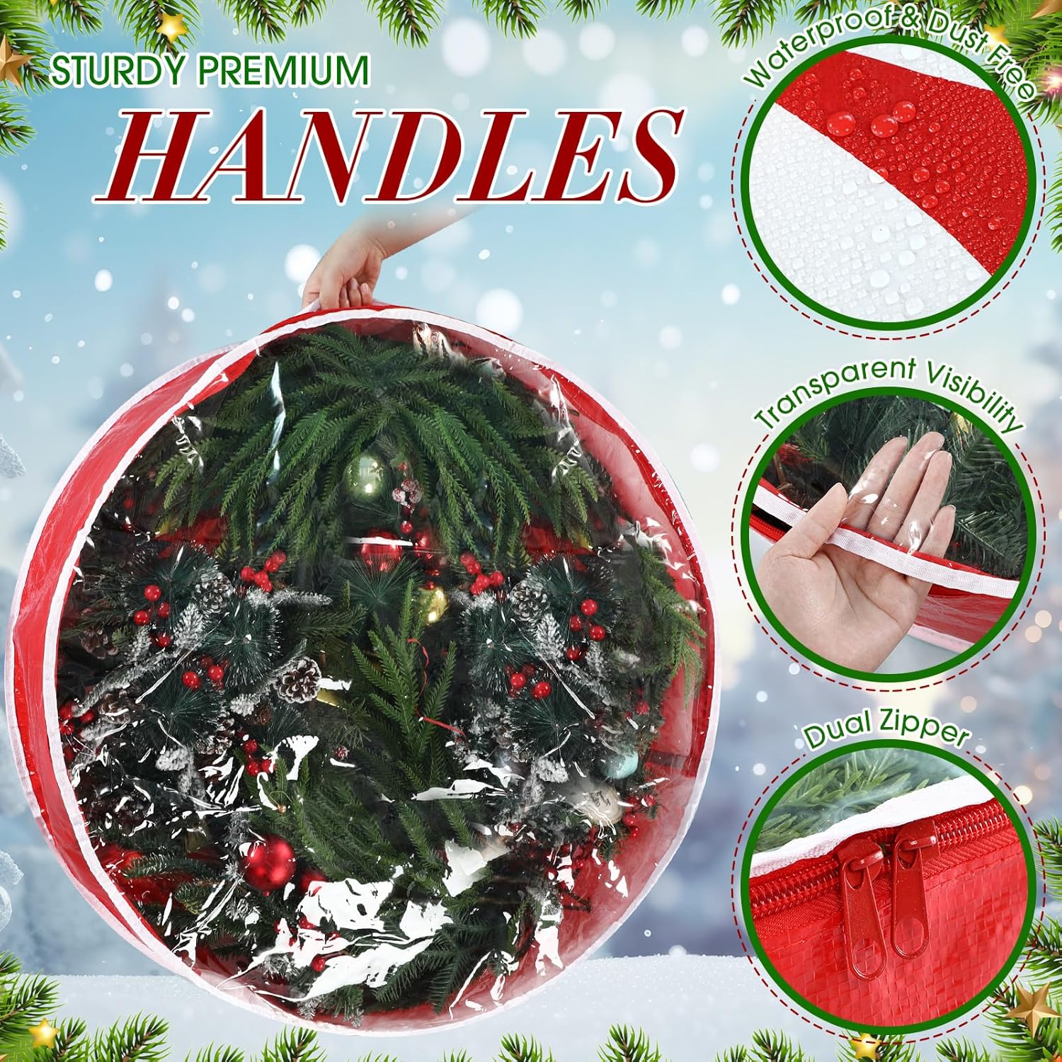 Regine Switzerland Christmas Wreath Storage Bag - 30 Inch Clear Window Design with Dual Zipper Handle | Red & White Peppermint Garland Organizer