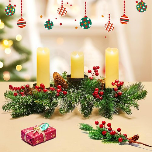 Brightown Christmas Candle Holder - 20.5” Iron Design with Pine Needles, Red Berries & Gold Accents