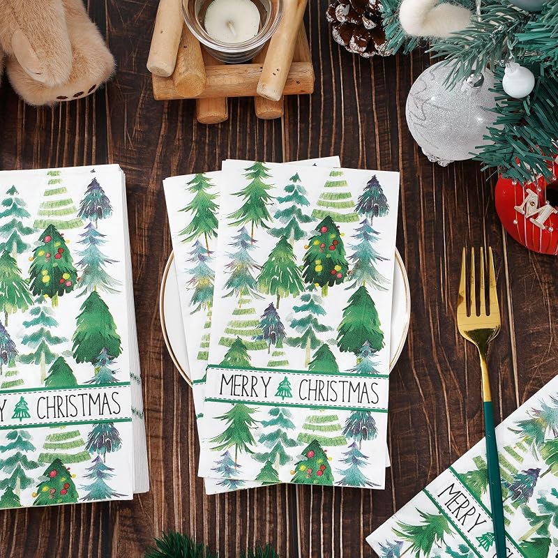 Green Christmas Tree Napkins 80 Pcs 4.3x7.8in Folded 13x15.7in Unfolded - 3-Ply Guest Paper Party Napkins