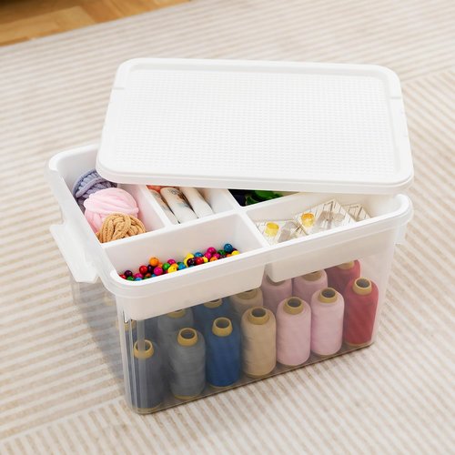 Citylife 32 QT Stackable Storage Bins - Tool Box Organizer with Lid & Removable Tray for Beads & Sewing