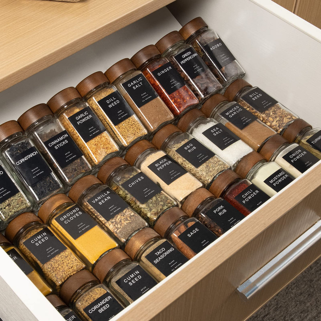 Yangbaga 34Pcs Glass Spice Jars with Labels-4oz Acacia Wood Lid Square Spice Containers with Pepper Grinder Lids &Funnel,Seasoning Jars for Rack Cabinet Drawer