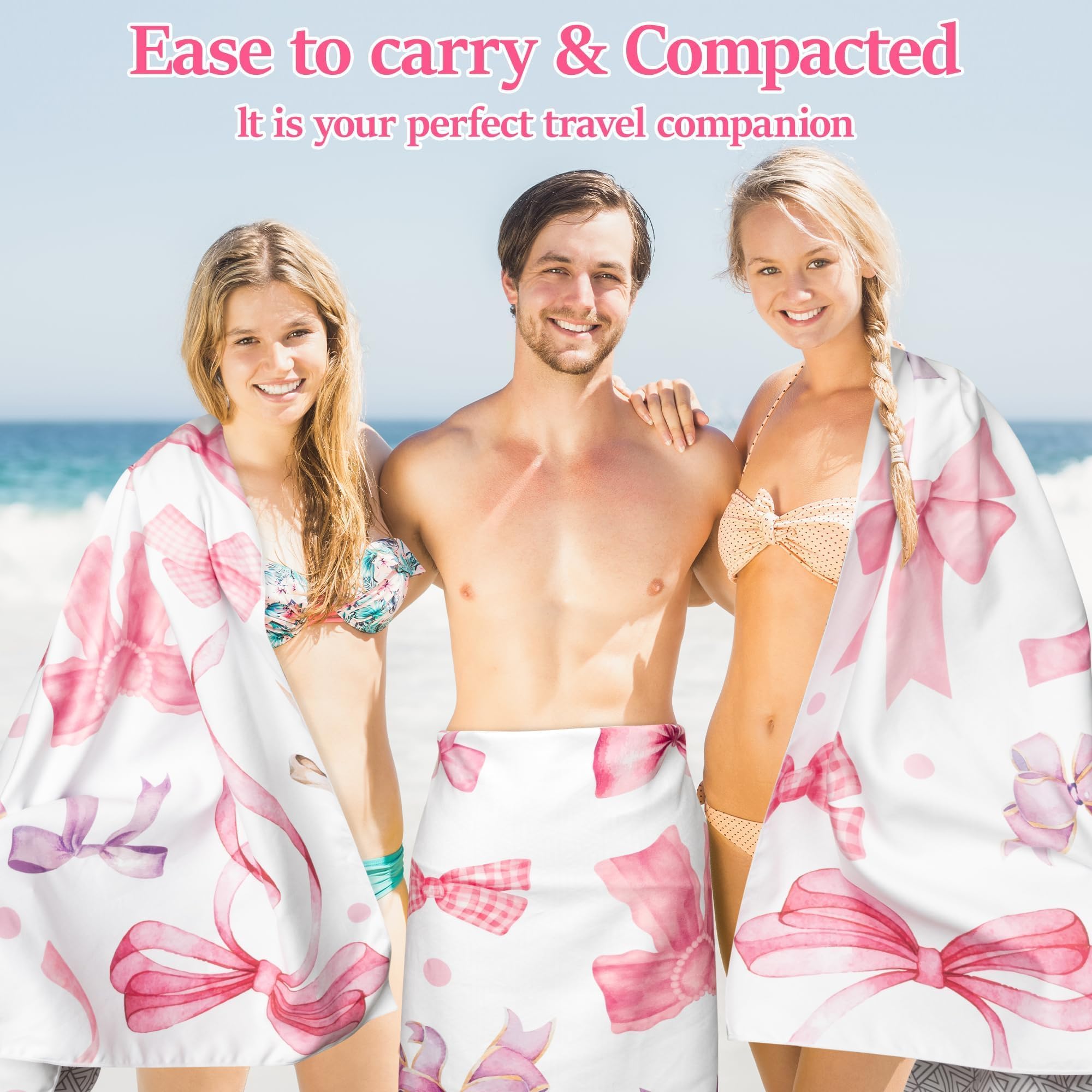 Polka Bow Oversized Beach Towel - Double-Sided Thin Microfiber Lightweight Pool Towel 71"x35" Quick Dry Towel Sand Free Blanket for Bath Sport Travel Beach Swimming Camping for Women Girls
