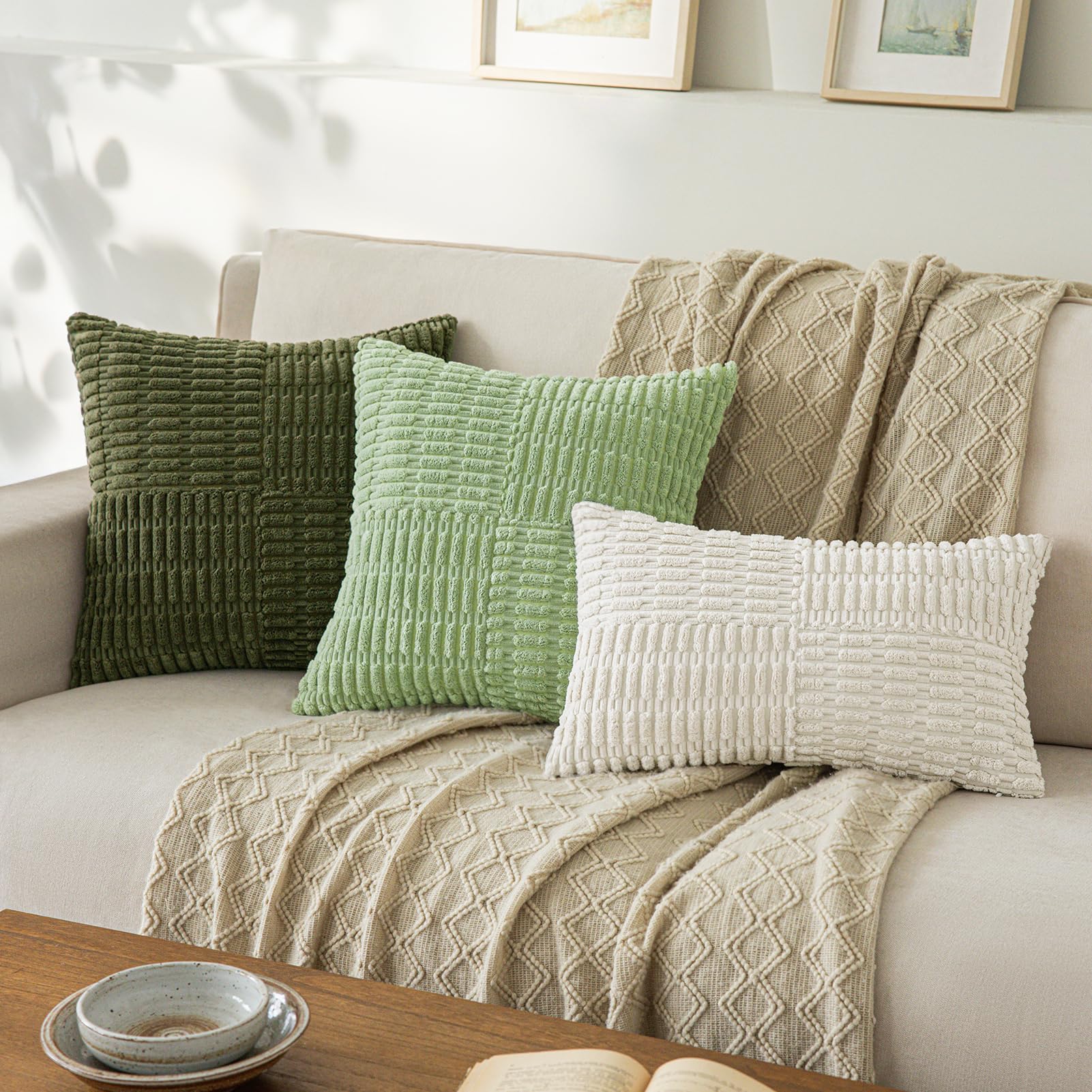 Softalker Spring 18x18 Throw Pillow Covers Cream, Set of 2 Soft Corduroy Boho Textured Modern Pillow Cases, White Decorative Cushion Covers for Couch Patio Living Room Sofa Easter Gift, Beige
