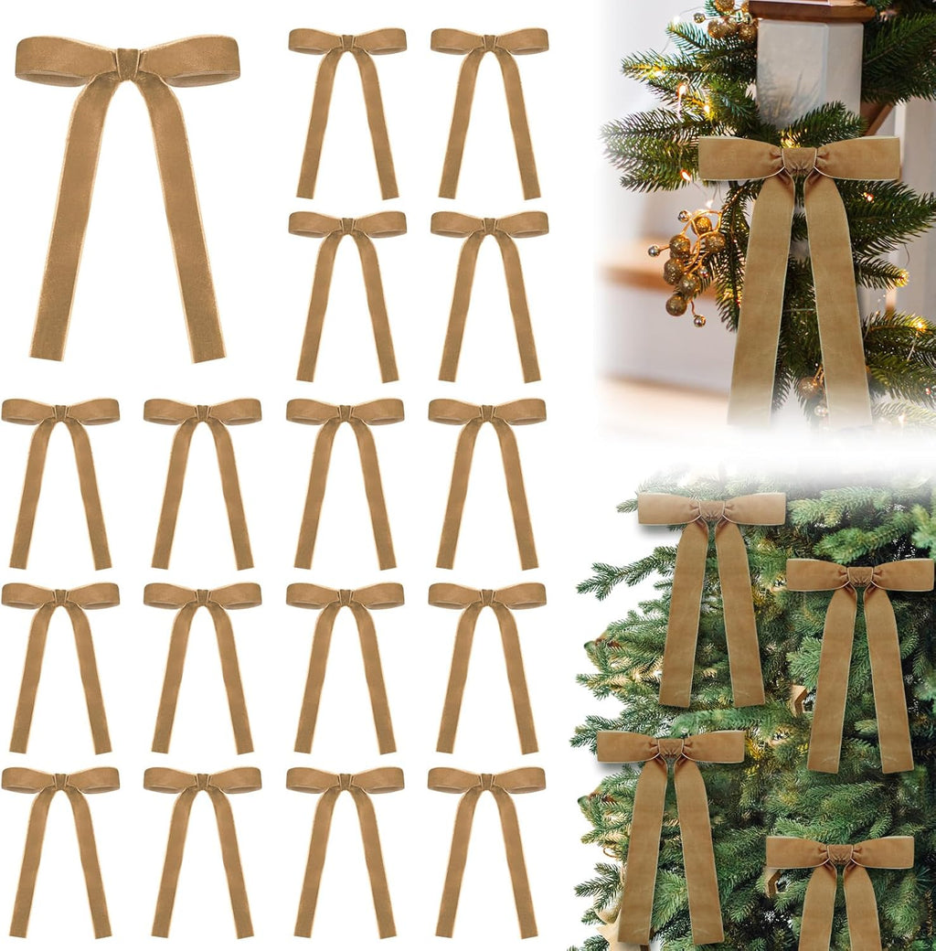 Skiennix 24 Pcs Velvet Bows - Vintage Ribbon Bows for Christmas Tree & Crafts | Light Khaki (5 x 7 Inch)