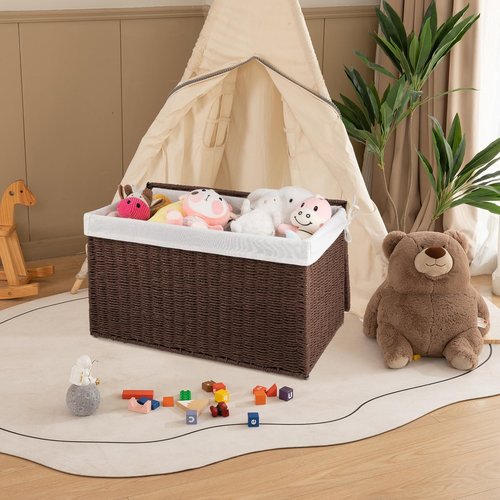 OIAHOMY Storage Basket with Lid, 27.7 Gallon (105L) Blanket Basket with Removable Separated Liner Bag, Paper Rope Hamper with Handle, Foldable, Shelf Basket for Living Room, Brown