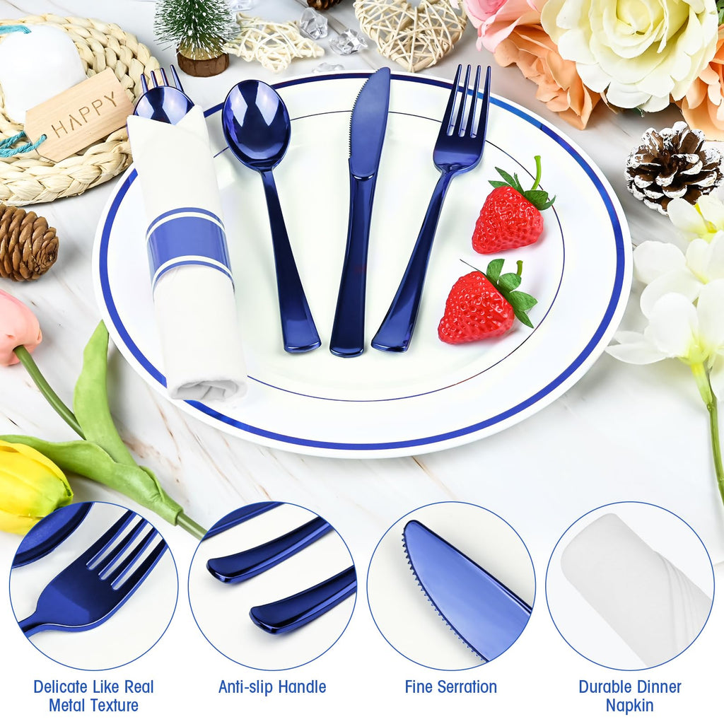 100Pack Blue Pre Rolled Plastic Silverware - Wrapped Blue Rolled Cutlery with Napkins, Heavy Duty Prerolled Plastic Silverware Set, Disposable Utensils with Dinner Napkins for Party