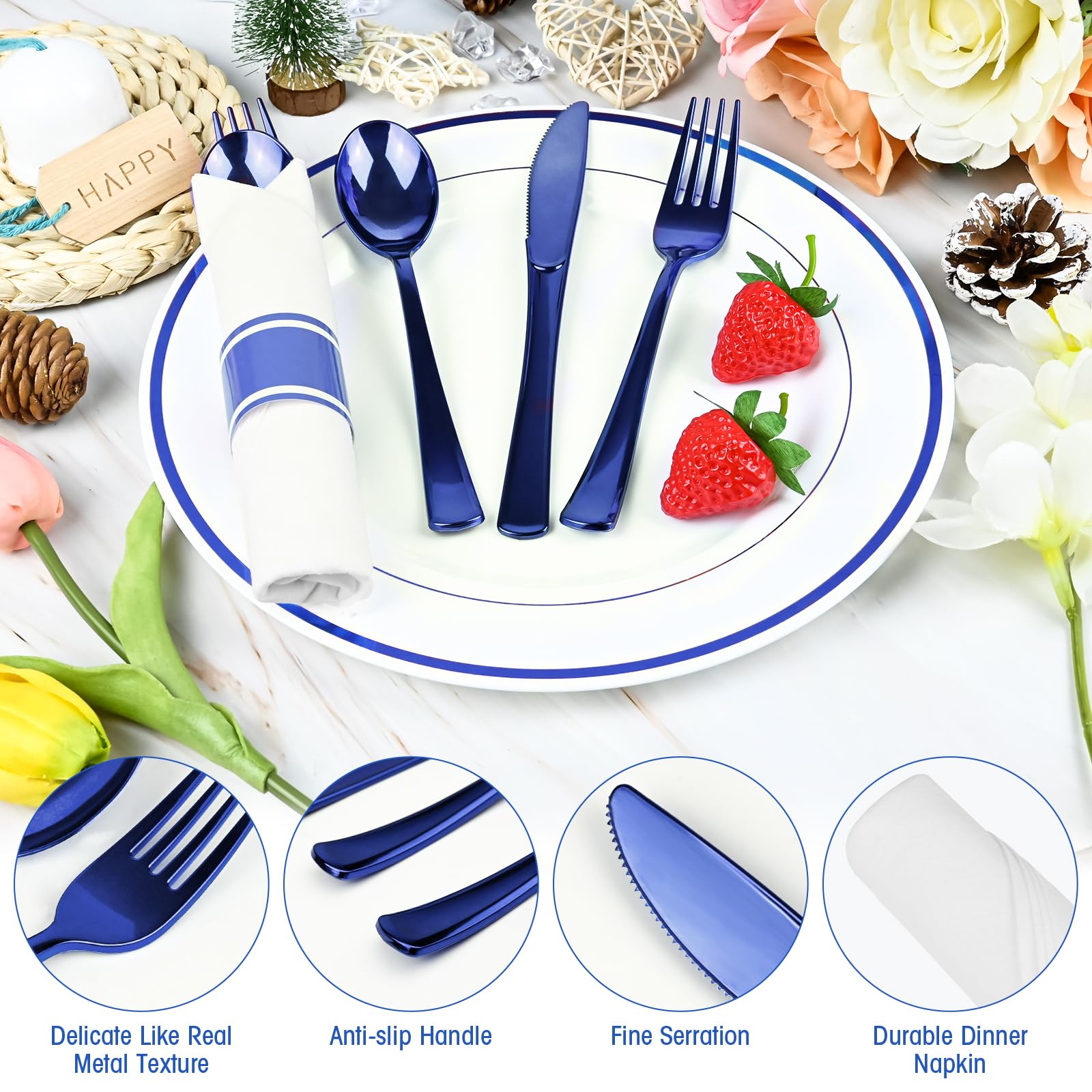 100Pack Blue Pre Rolled Plastic Silverware - Wrapped Blue Rolled Cutlery with Napkins, Heavy Duty Prerolled Plastic Silverware Set, Disposable Utensils with Dinner Napkins for Party