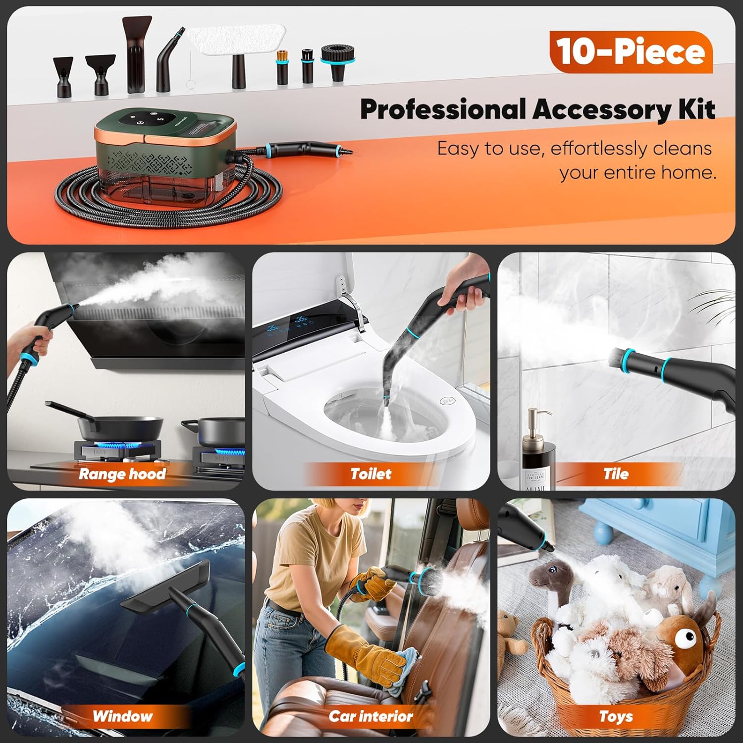 Skiennix Steam Cleaner - 2500W Handheld Grout Cleaning Machine with 1.32QT Tank & 10 Attachments | Green/Gold