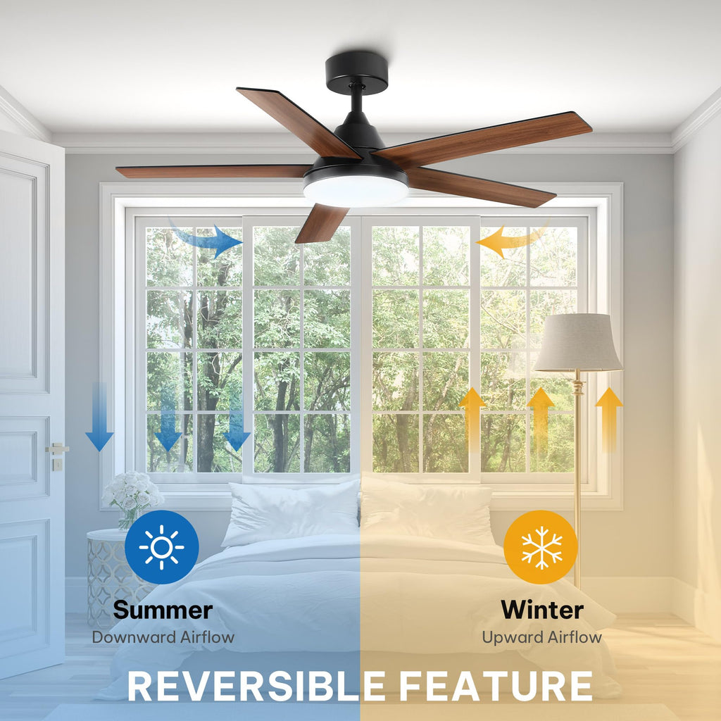 YITAHOME 52" Ceiling Fan with Lights & Remote, 3502 CFM, 3 CCT, 4 Timer Modes, 5 Reversible Dual Finish Blades, Modern Ceiling Fan with Quiet DC Motor for Living Room, Patio, Black & Walnut