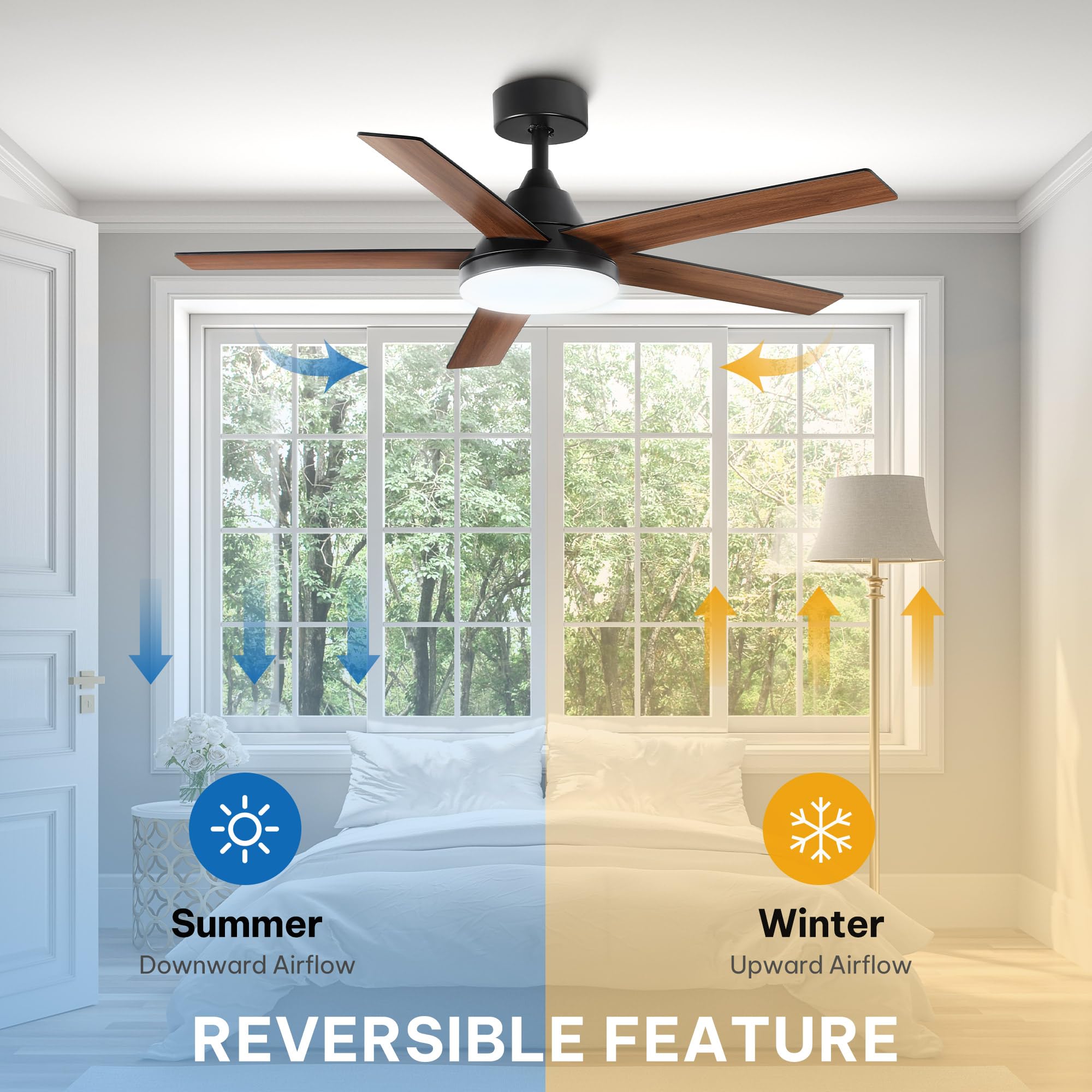 YITAHOME 52" Ceiling Fan with Lights & Remote, 3502 CFM, 3 CCT, 4 Timer Modes, 5 Reversible Dual Finish Blades, Modern Ceiling Fan with Quiet DC Motor for Living Room, Patio, Black & Walnut