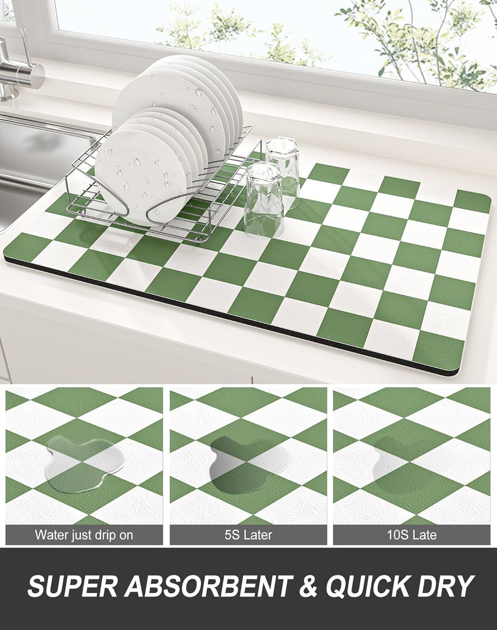 Rnivvi Dish Drying Mat - Absorbent Non-Slip Draining Pad for Kitchen | 12 x 19 Inches, Green & White Checkered