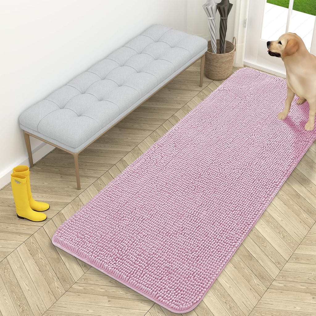 OLANLY Dog Door Mat - Absorbent Non-Slip Chenille Mat for Muddy Paws | Quick Dry 59x24, Dusty Rose