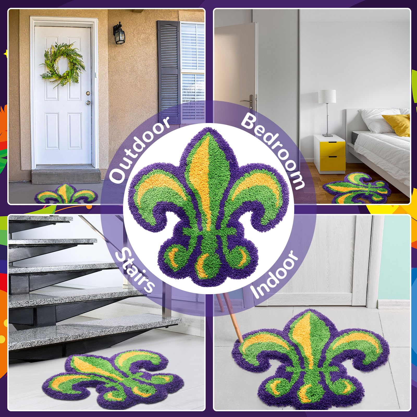 Dunzy Mardi Gras Bathroom Rug Fleur De Lis Indoor Welcome Mat Non Slip Bath Mat Water Absorbent Microfiber Plush Washable Carpet Home Decor, 27.6 x 27.6 Inches