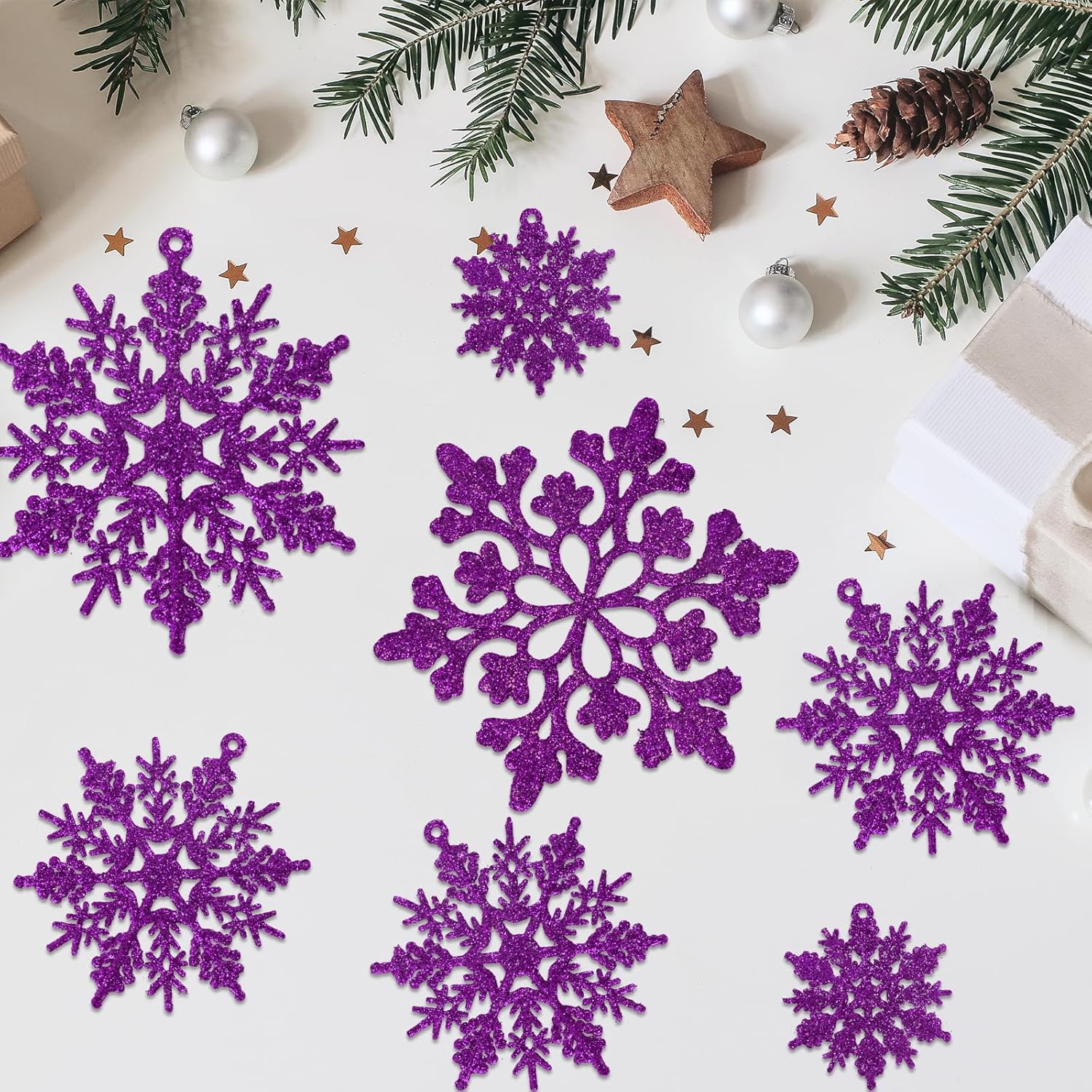 Skiennix 36pcs Christmas Deep Purple Snowflake Ornaments - Plastic Hanging Decor for Winter Wonderland