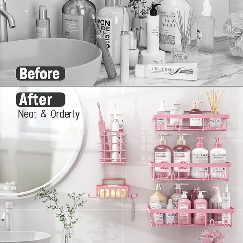 Liuoud Shower Caddy Organizer - Rustproof Stainless Steel Wall Storage Basket Set | 5 Pack in Pink