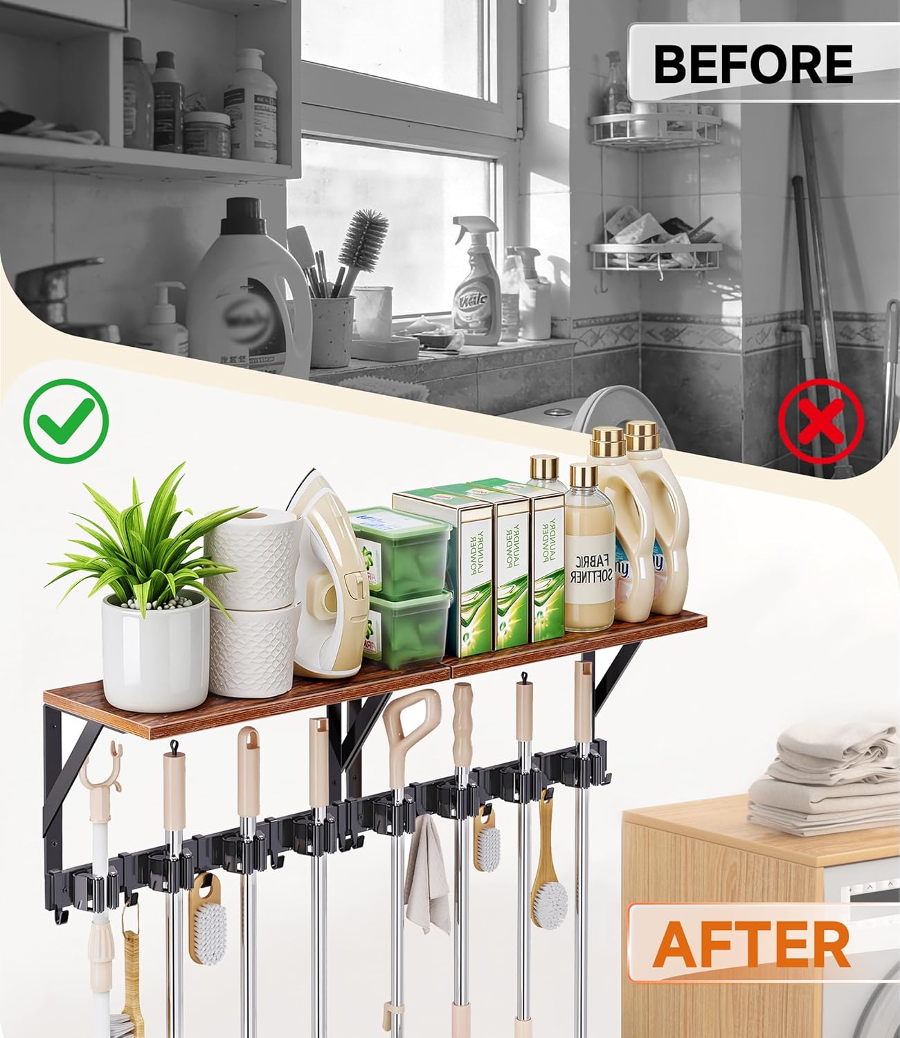 Skiennix Broom Holder Wall Mount - Space-Saving Organizer with 8 Slots & 10 Hooks | Ideal for Laundry Room, Garage, Garden