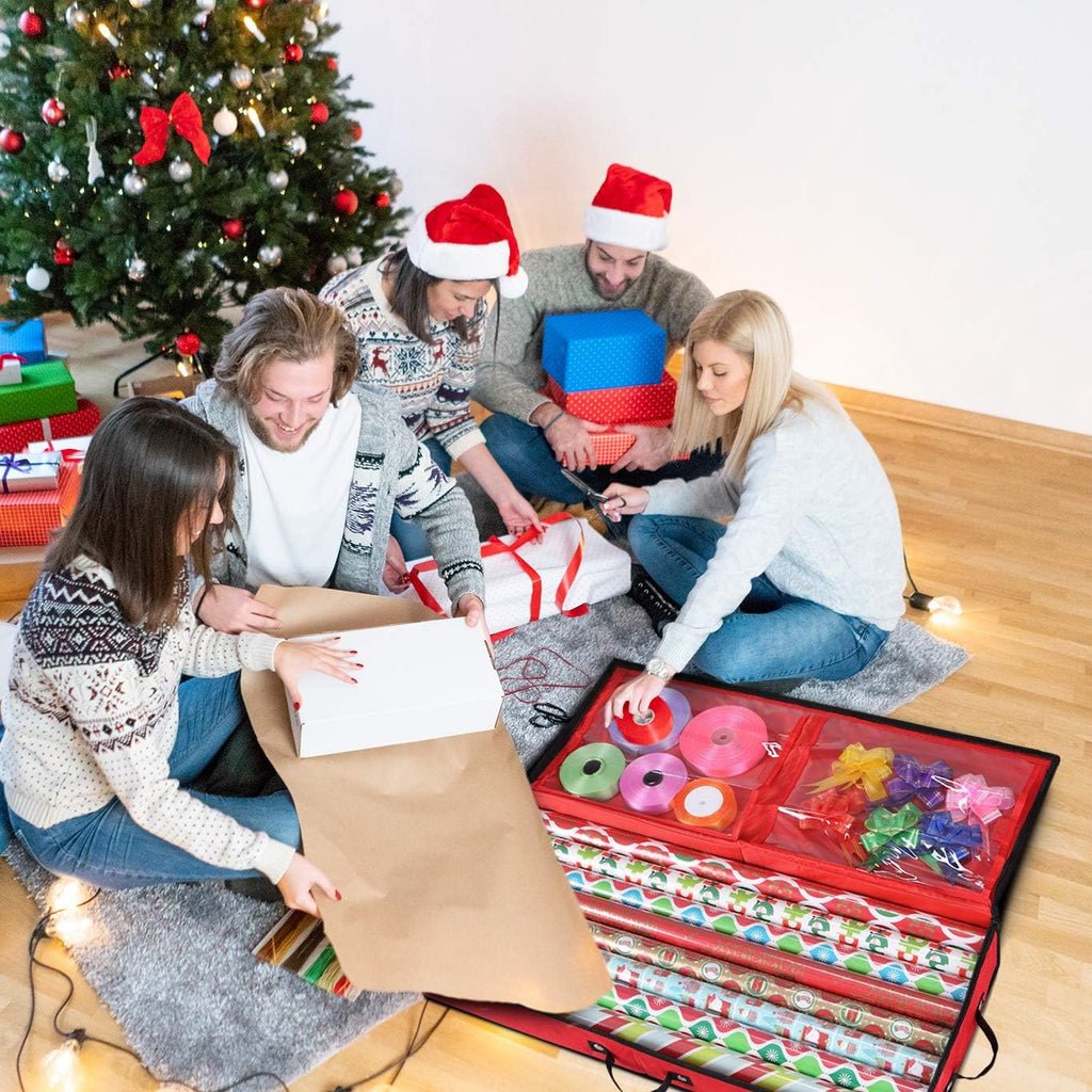 Primode Wrapping Paper Storage Container - Under Bed Organizer for 30-Inch Rolls | 31”x13.5”x4.5” | Durable 600D Oxford Material with Pockets for Ribbons and Bows (Red)