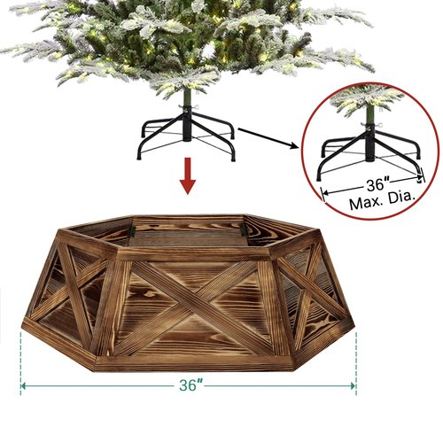 Yoochee Wooden Christmas Tree Collar, 36'' Extra Large Hexagon Brown Christmas Tree Base Cover Decor for Artificial Tree,Rustic Farmhouse Tree Skirt Alternative for 7.5ft 9ft Trees