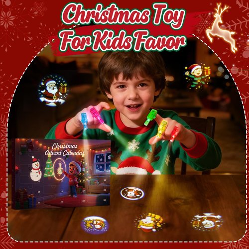Christmas Advent Calendar with 24 pcs Different Xmas Themed LED Novelty Finger Lights Gifts for Christmas Countdown Calendar Party Favors Toys Stocking Stuffers for Kids Boys Girls Toddlers