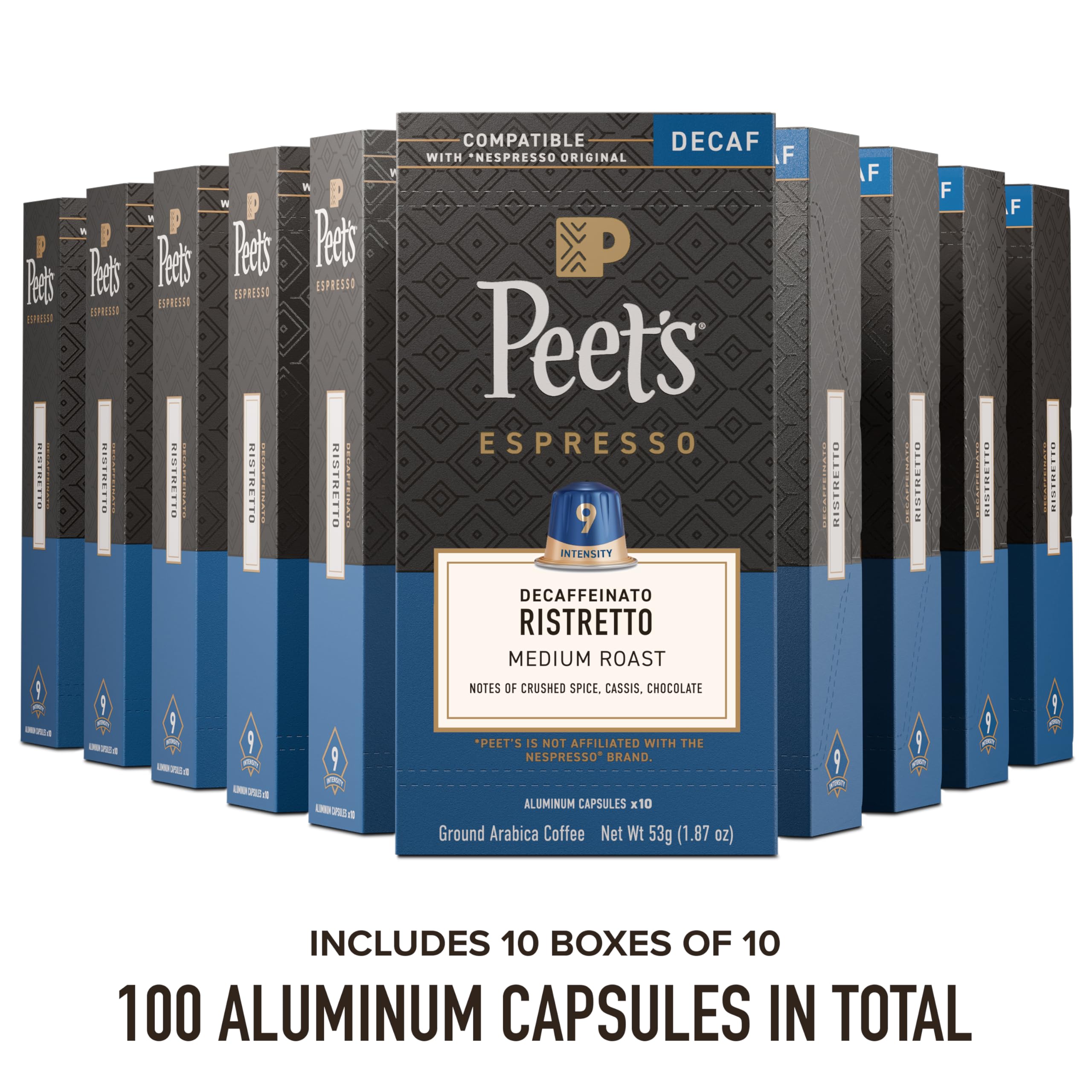 Peet's Coffee, Medium Roast Decaf Espresso Capsules, Compatible with Nespresso Original Machine, Decaffeinated Arabica Coffee - Decaf Ristretto Intensity 10, 100 CT (10 Boxes of 10 Espresso Capsules)