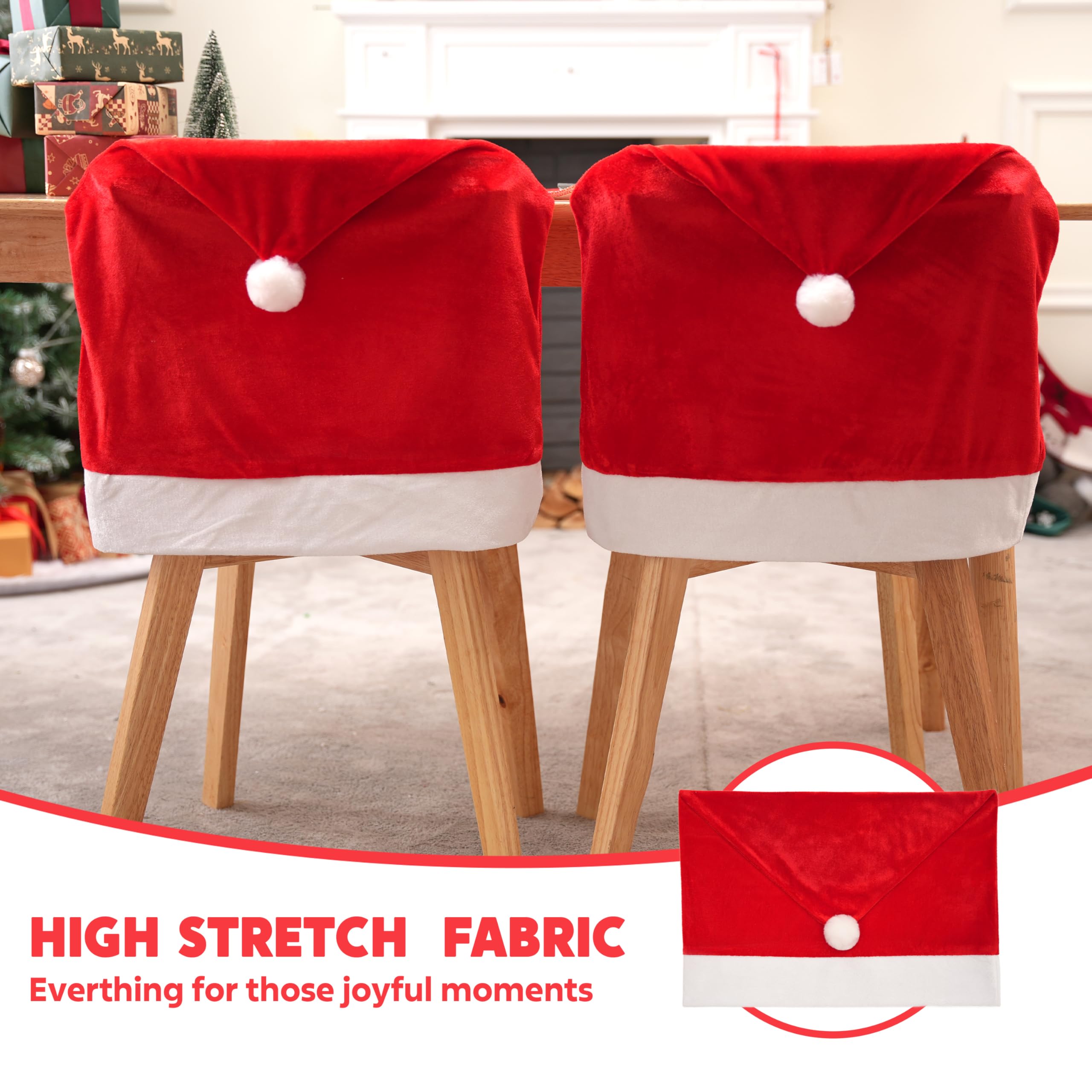 JOYIN 6 Pcs Christmas Chair Covers, Red Hat Chair Slipcovers, Santa Claus Chair Back Covers for Christmas Holiday Festival Decoration, Xmas Decorations Indoor Home Décor