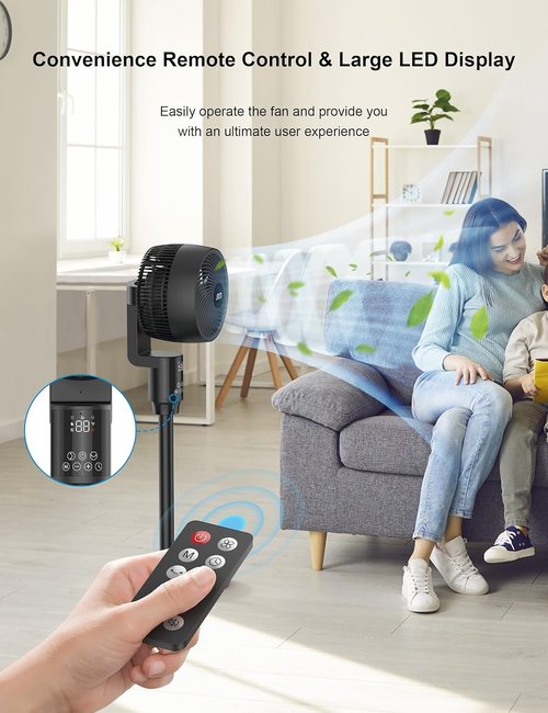 JRD Fan for Bedroom, 70° Oscillating Standing Fans, Quiet Floor Fan, 100ft Pedestal Fans for Room, 6 Speeds, 3 modes,90° Manual Vertical, 19-38" Adjustable Height,24H Timer,Remote Control