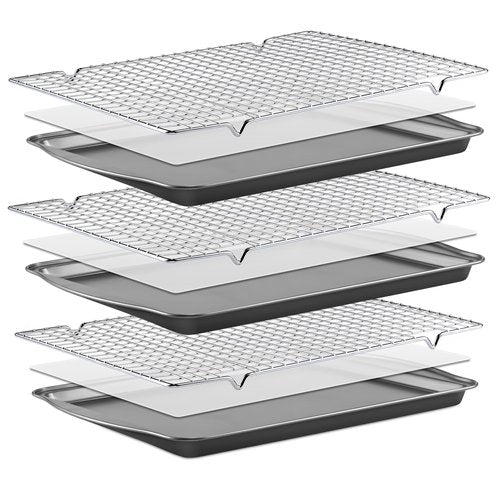 BEWOS Baking Sheet Pans With Racks Set - Including 17.6 × 12 × 1.26 Inch Carbon Steel Baking Sheet, Set of 106 (3 Sheets + 3 Cooling Racks + 100 Parchment Paper), Nonstick Bakeware sets for Baking