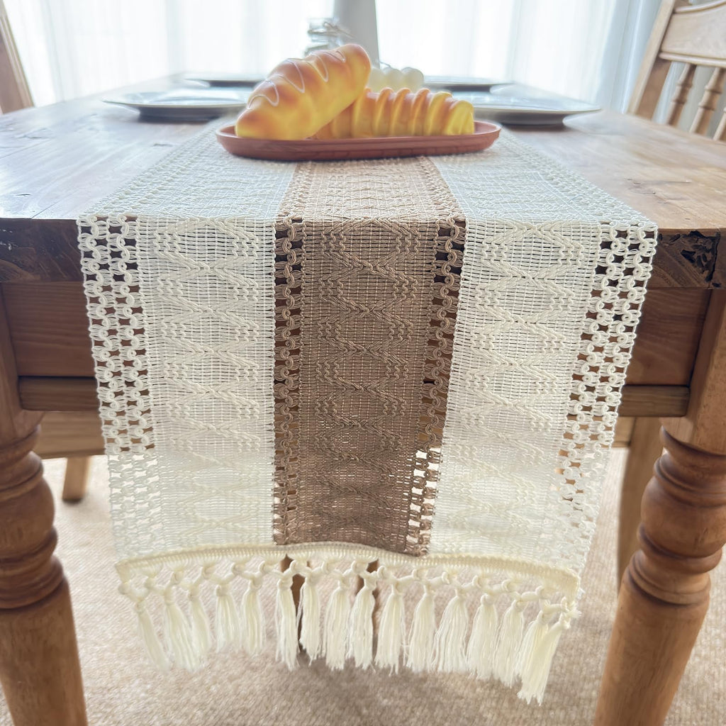 Vanzard Boho Table Runner for Spring Home Decor with Tassels 72 Inches, Farmhouse Rustic Cream & Brown Table Runners for Bohemian Kitchen Summer Dining Table(12x72in, Fringe Included)