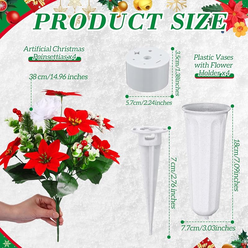 4 Set Christmas Flowers for Cemetery - Artificial Poinsettia with Grave Vase (Variation: 4+Poinsettia)