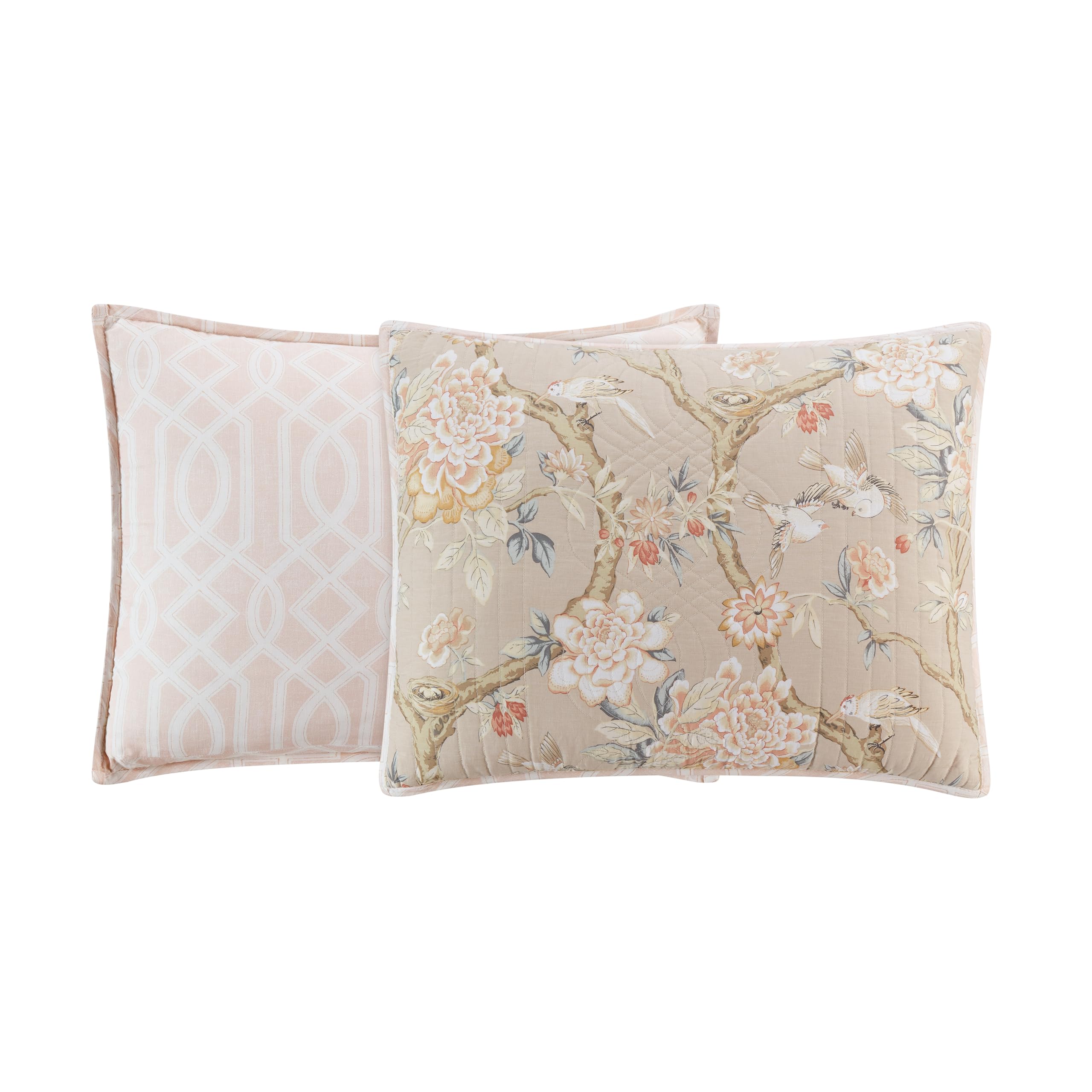 Waverly Peony Gardens 4 Piece Cotton Quilt Set, Embellished All Season Bedding, Includes One Quilt, One Bed Skirt and Two Pillow Shams, Machine Washable King Bed Set, Taupe