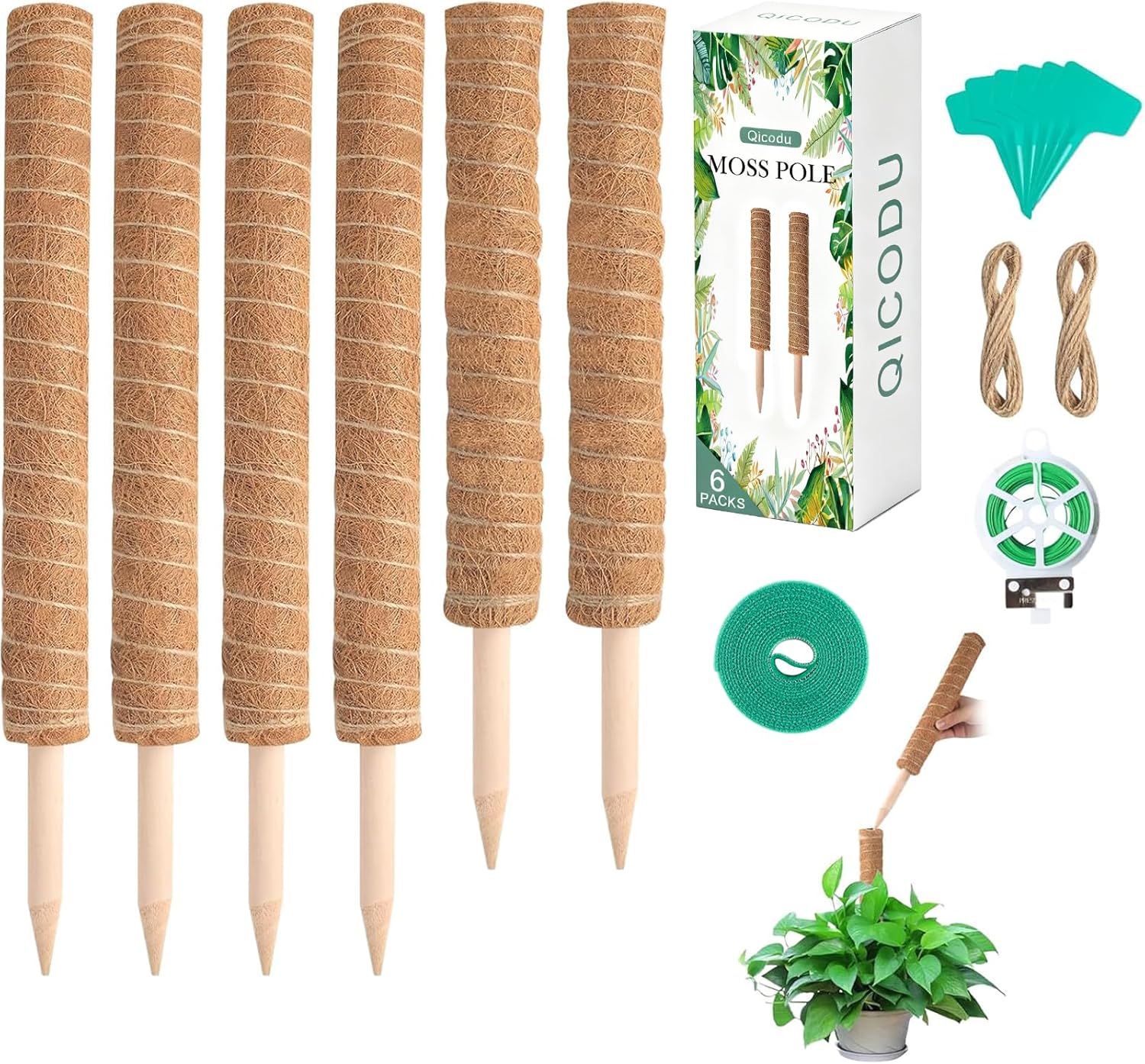 Skiennix 6 Pack Moss Poles for Monstera Plant Support - Stackable 4x17in & 2x12in, Ideal for Indoor Plants