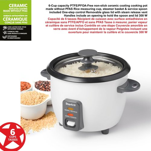 Starfrit Electric Rice Cooker - 6 Cups - Steamer Basket, Measuring Cup & Service Spoon - 300W - Makes Perfect Rice!