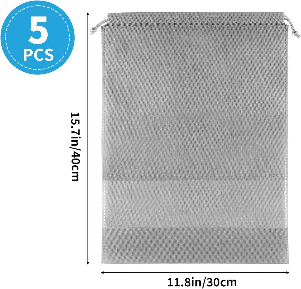 Skiennix Travel Shoe Bags - 5 Large Non-Woven Drawstring Storage Bags with Clear Window | Gray (12.6" X 17.3")